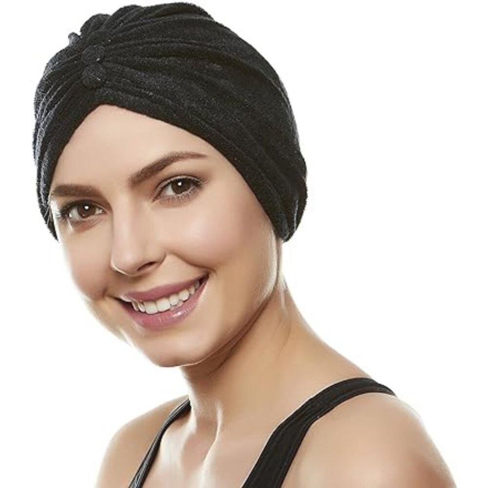 BEEMO Women’s Soft Terry Cloth Turban Head Cover with Knot or Button Front-Black
